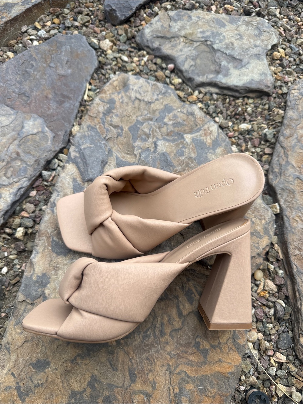 Knotted Slide Mules in Beige with Block Heel